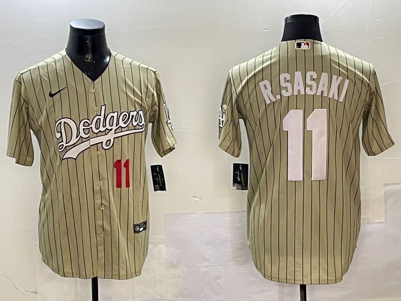 Men Los Angeles Dodgers 11 R.Sasaki Yellow Stripe Fashion Game 2025 Nike MLB Jersey style 3